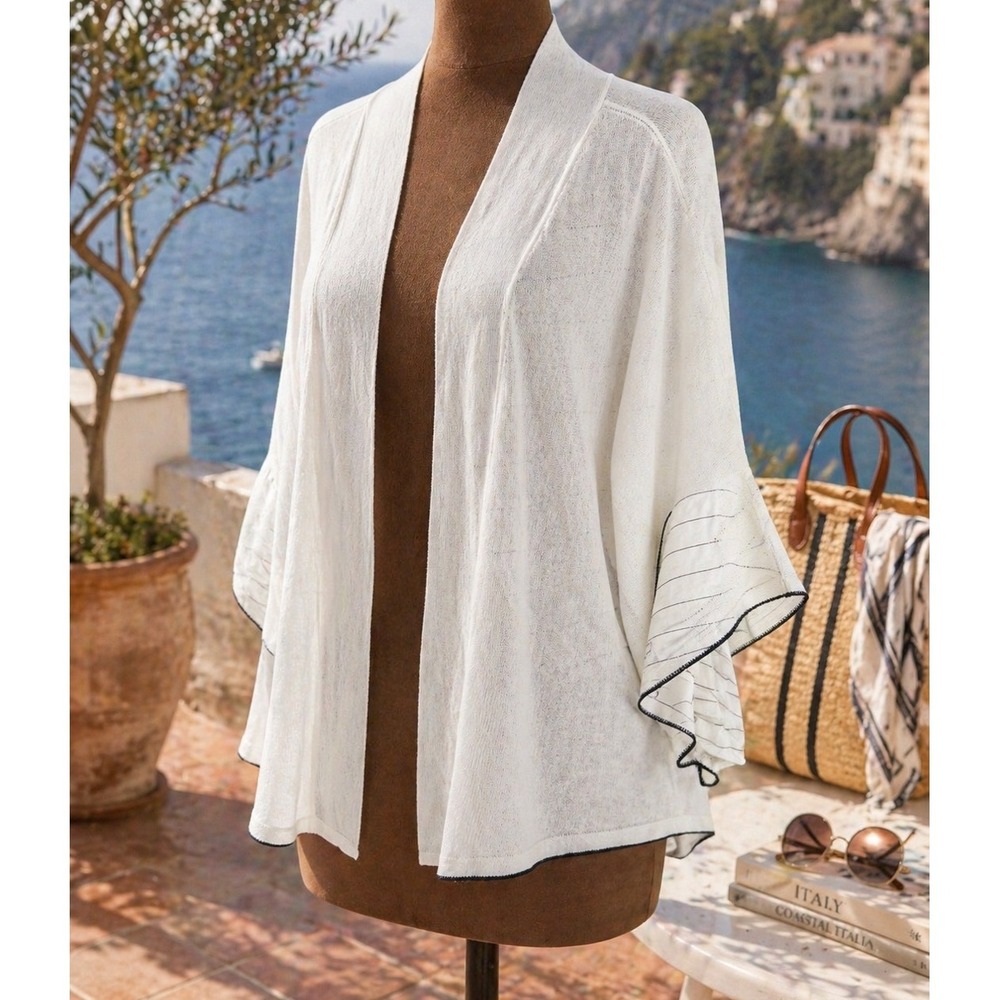 Liu Jo Milano Cardigan Women Large White Ruffle Hem 3/4 Sleeve NWT Made in Italy